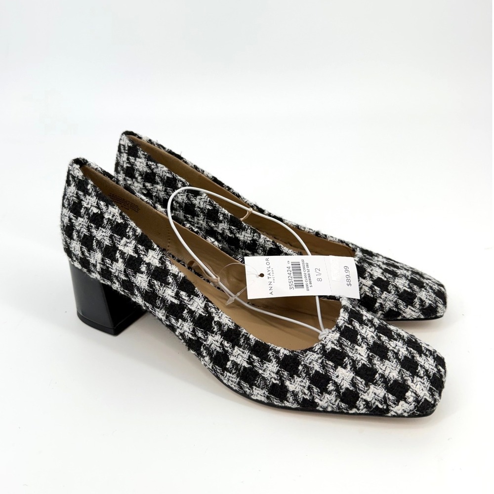 NEW Ann Taylor Womens Black White Houndstooth Square Toe Block Heel Pump 8.5